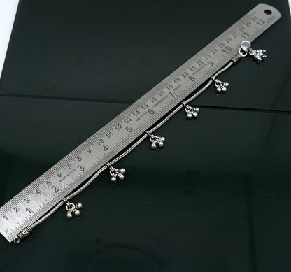 Handmade 925 Sterling silver vintage anklet with hanging bells, tribal-inspired design, stylish foot bracelet for belly dance jewelry.