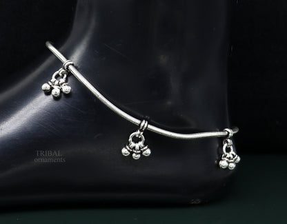 Handmade sterling silver vintage tribal anklet with hanging bells, stylish foot bracelet for belly dance jewelry by TRIBAL ORNAMENTS.