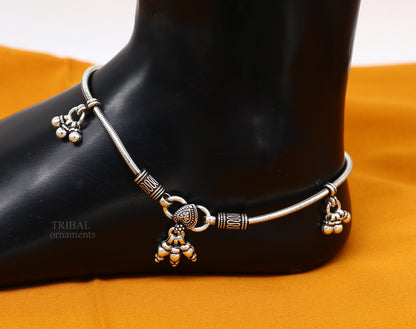 Handmade 925 Sterling silver tribal anklet with vintage antique design, hanging bells, ideal for belly dance jewelry and stylish foot wear.