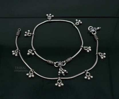Sterling silver handmade vintage tribal anklet with hanging bells and intricate designs, ideal for belly dance jewelry.