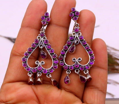 Handmade sterling silver drop dangle earring with red gemstone, vintage style jewelry for girls' parties, by TRIBAL ORNAMENTS.