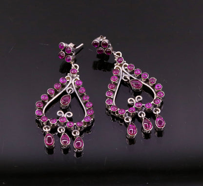 Handmade sterling silver drop dangle earring with red gemstone, vintage style jewelry for girls' parties by TRIBAL ORNAMENTS.