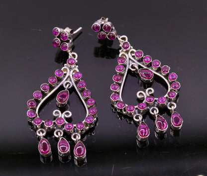 Handmade 925 sterling silver drop dangle earring with red gemstone, vintage style jewelry for girls' parties.