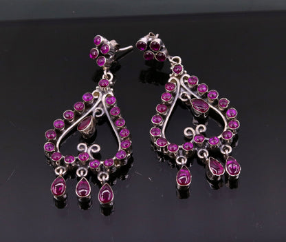 Handmade 925 sterling silver drop dangle earring with red gemstone, vintage style jewelry for girls' parties by TRIBAL ORNAMENTS.