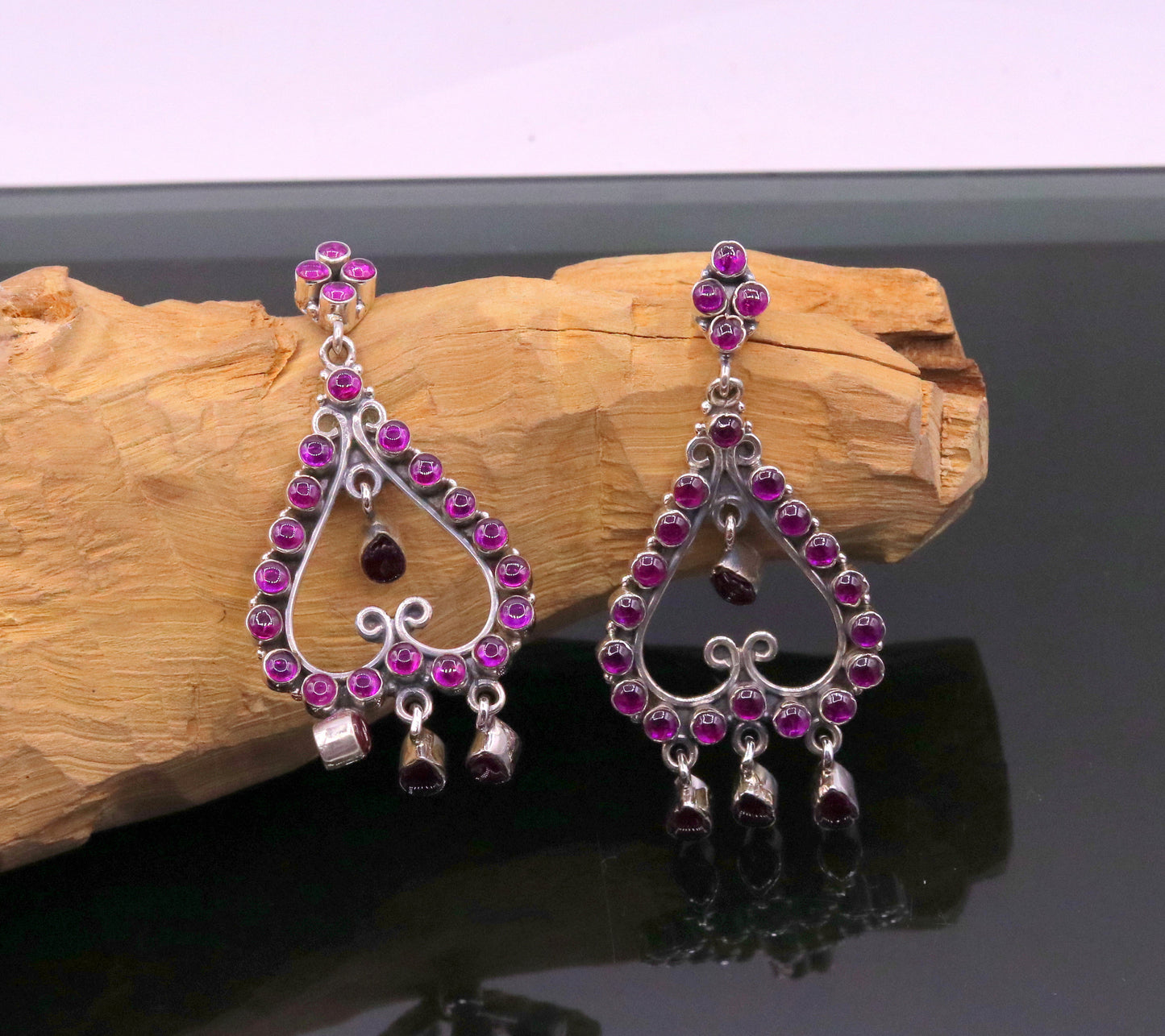 Handmade 925 sterling silver pretty attractive Red Gemstone drop dangle stud earring excellent vintage style girls party jewelry india s727 - TRIBAL ORNAMENTS