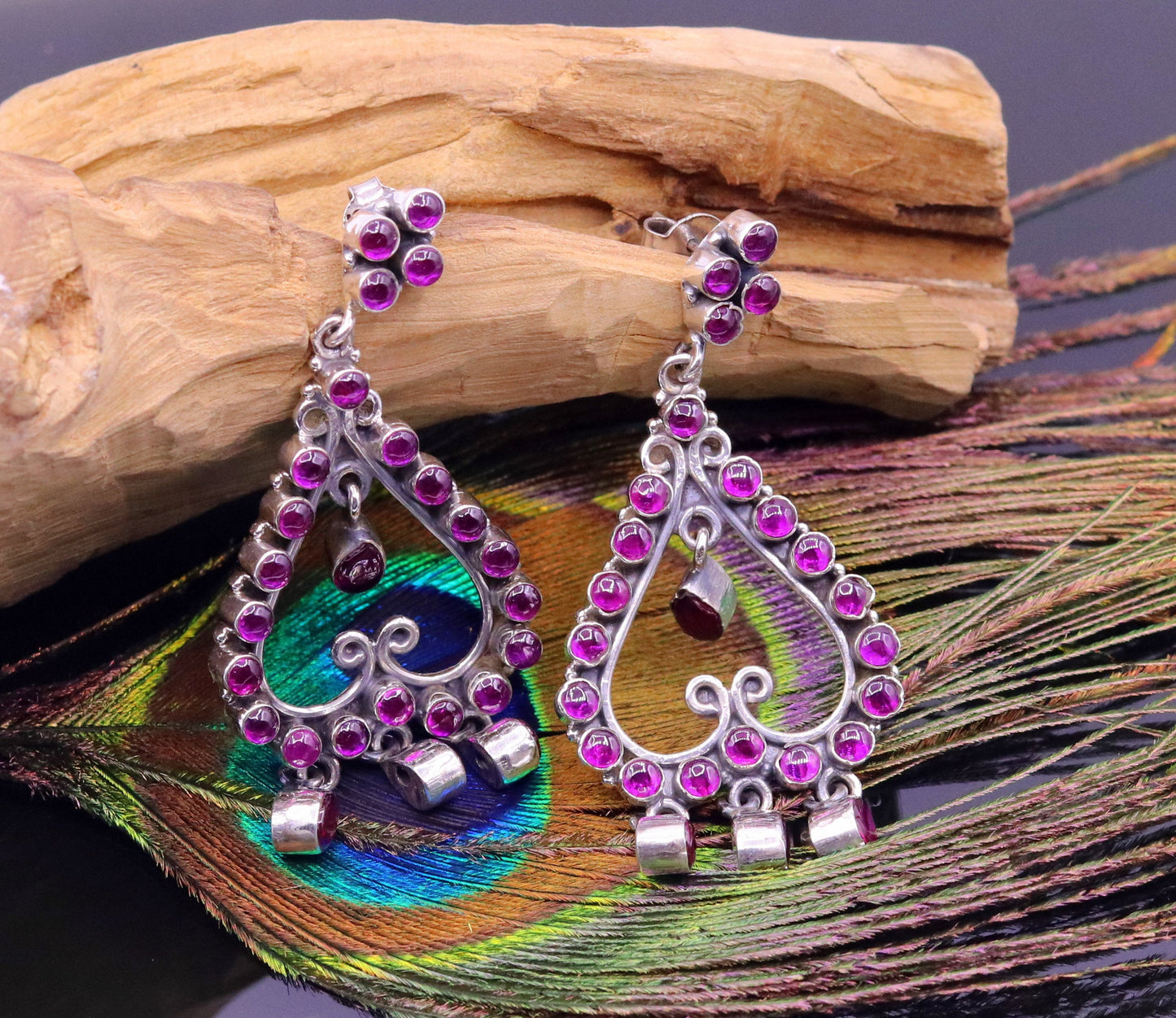 Handmade 925 sterling silver pretty attractive Red Gemstone drop dangle stud earring excellent vintage style girls party jewelry india s727 - TRIBAL ORNAMENTS