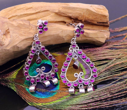 Handmade 925 sterling silver drop dangle earring with red gemstone, vintage style jewelry for girls' parties, by TRIBAL ORNAMENTS.