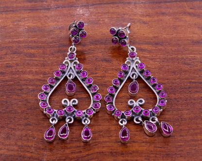 Handmade 925 sterling silver drop dangle earring with red gemstone, vintage style jewelry for girls' parties by TRIBAL ORNAMENTS