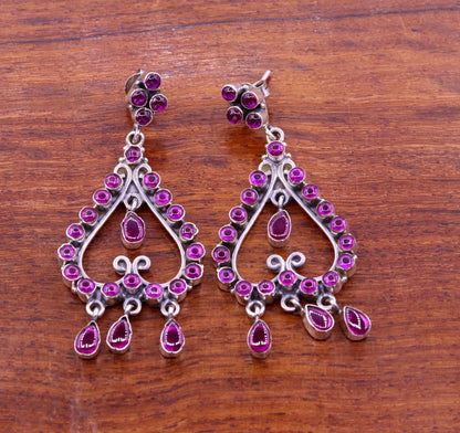 Handmade 925 sterling silver drop dangle earring with a red gemstone, vintage style jewelry perfect for girls' parties.