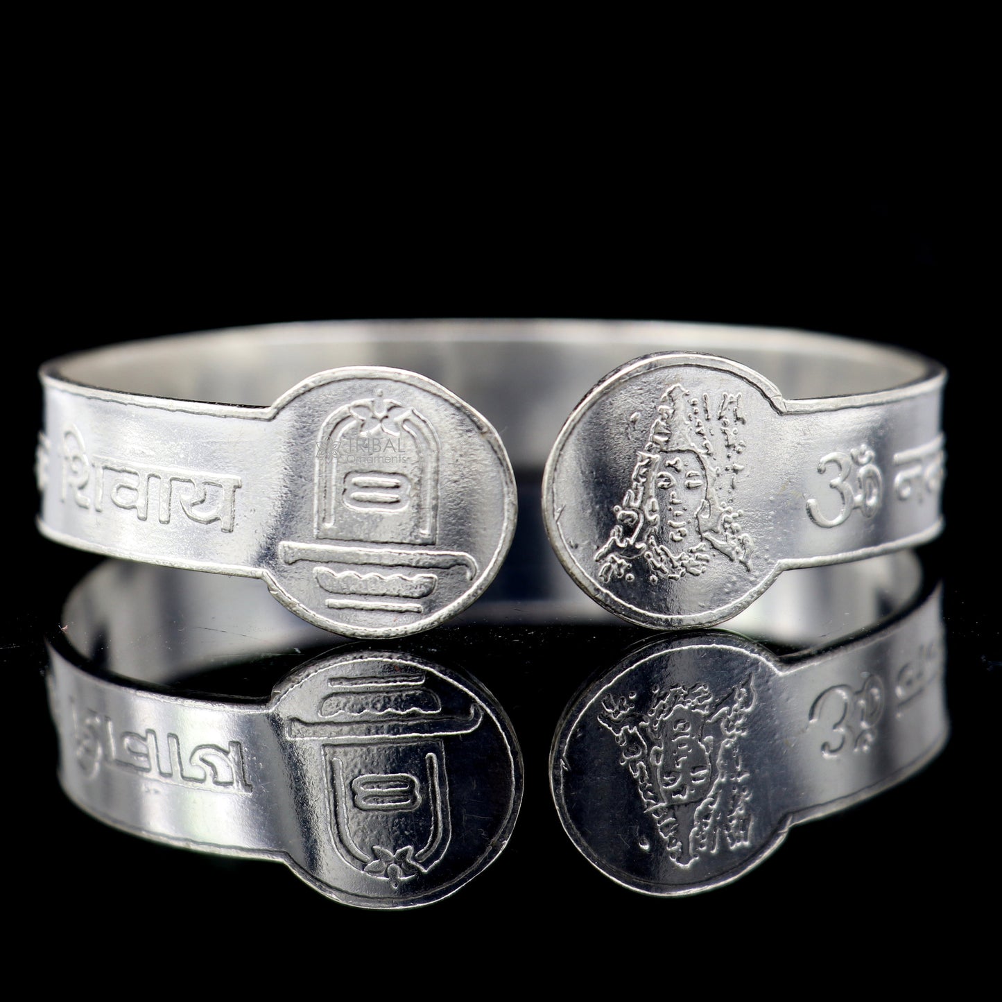 925 Sterling silver "Aum Namah Shivay" Mantra cuff bracelet by Tribal Ornaments, featuring a handmade solid silver design.