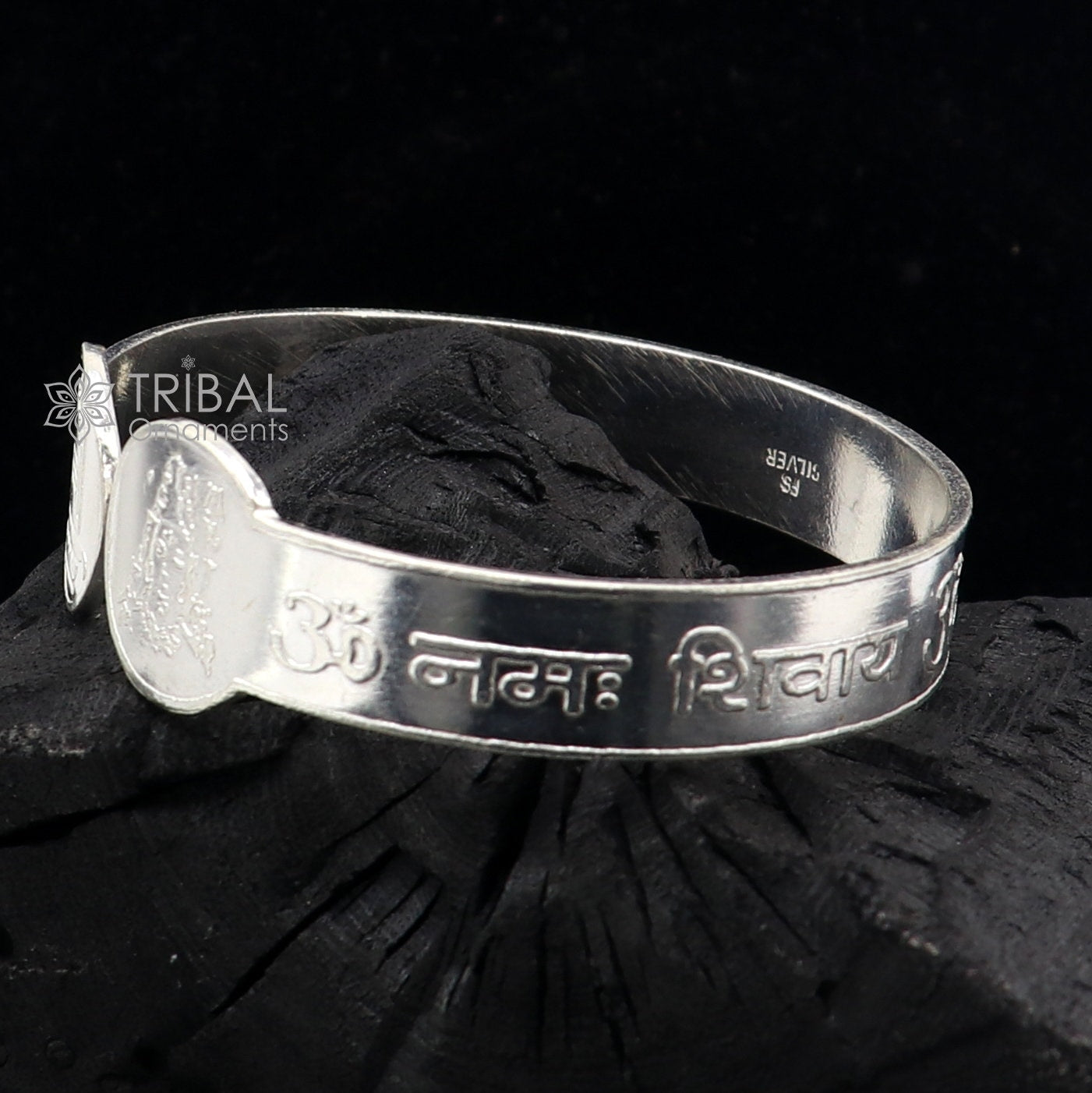 Handmade 925 Sterling silver cuff bracelet featuring the "Aum Namah Shivay" mantra, crafted by Tribal Ornaments.