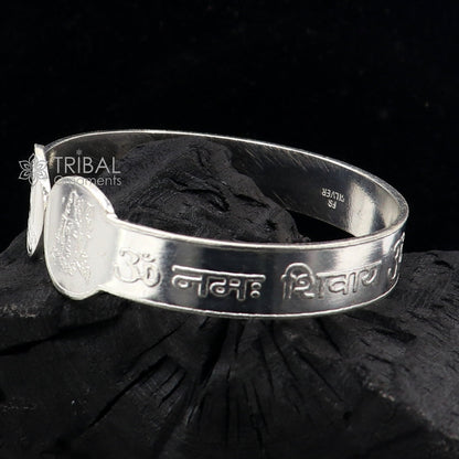 Handmade 925 Sterling silver cuff bracelet featuring the "Aum Namah Shivay" mantra, crafted by Tribal Ornaments.