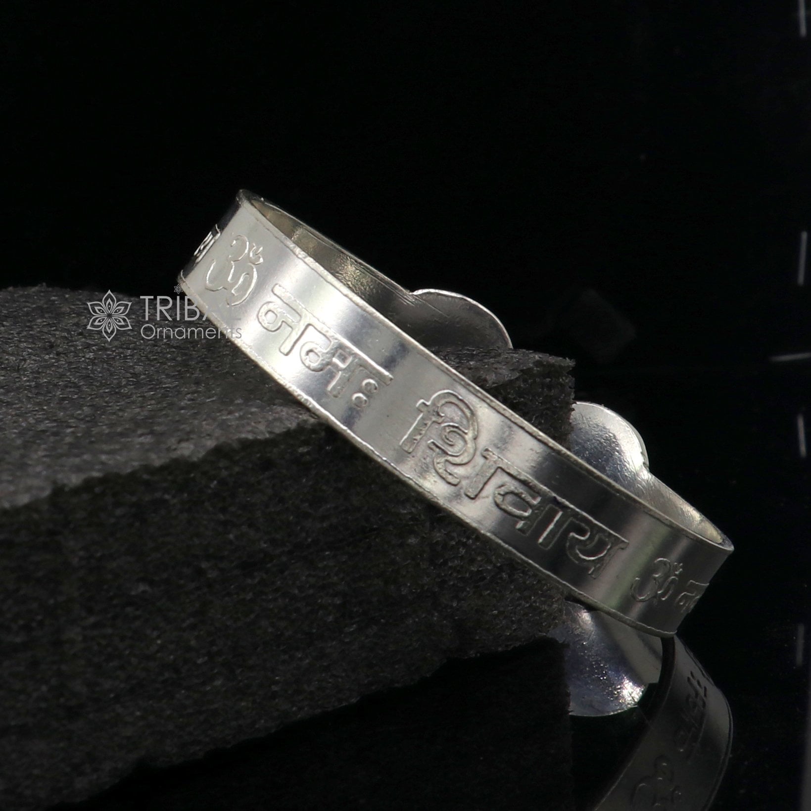 Handmade 925 Sterling silver "Aum Namah Shivay" mantra cuff bracelet by Tribal Ornaments, featuring divine engraved design.