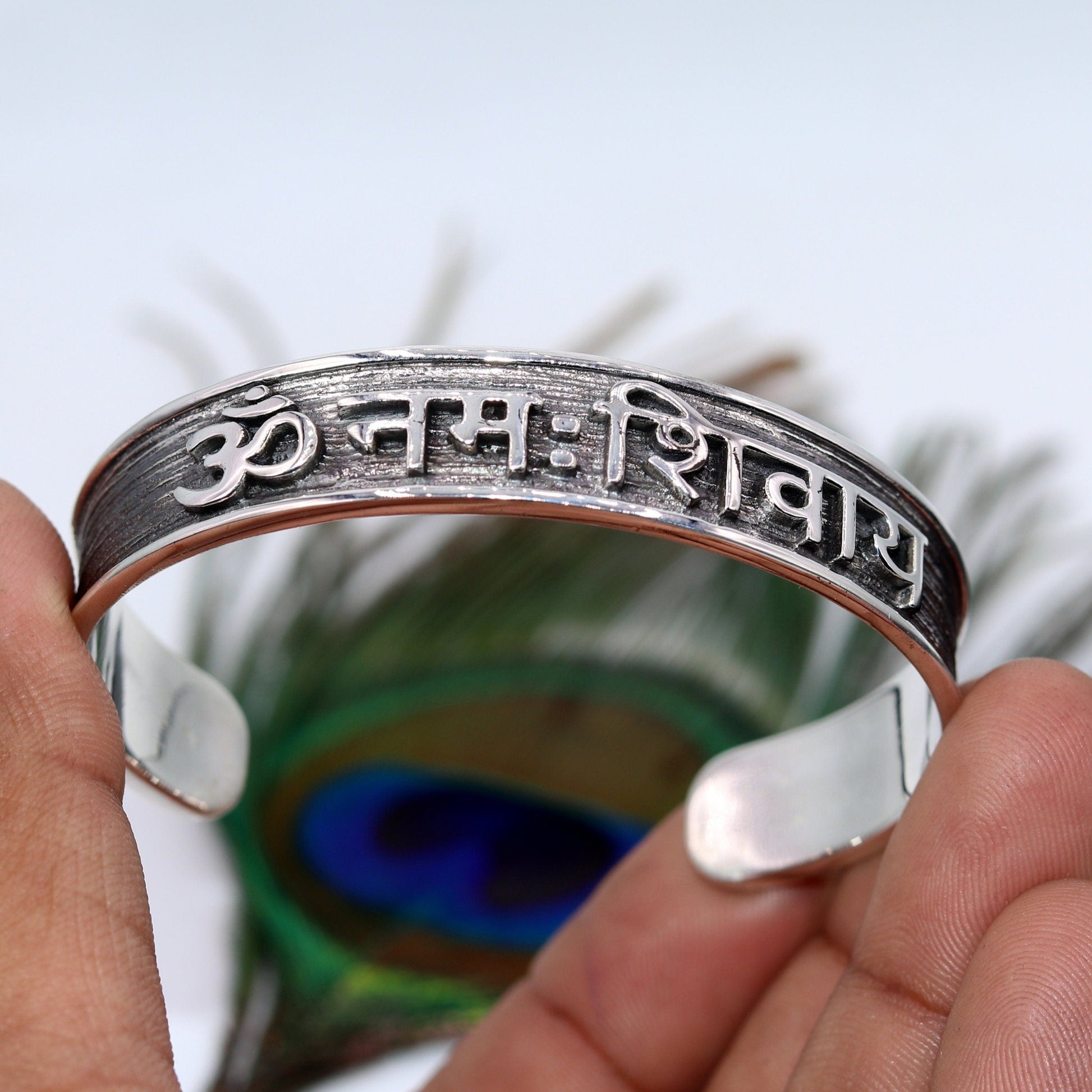 925 Sterling silver mantra "Aum Namah Shivay" open face bangle cuff bracelet from Tribal Ornaments, handcrafted Rajasthan jewelry.