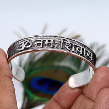 925 Sterling silver mantra "Aum Namah Shivay" open face bangle cuff bracelet from Tribal Ornaments, handcrafted Rajasthan jewelry.