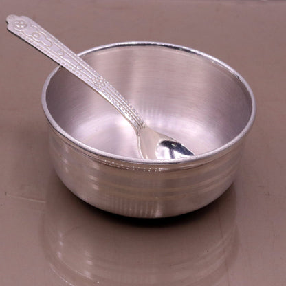 Handmade 99.9% solid pure silver baby bowl with small spoon silver vessels, daily use silver utensils for your healthy baby or kids sv12 - TRIBAL ORNAMENTS