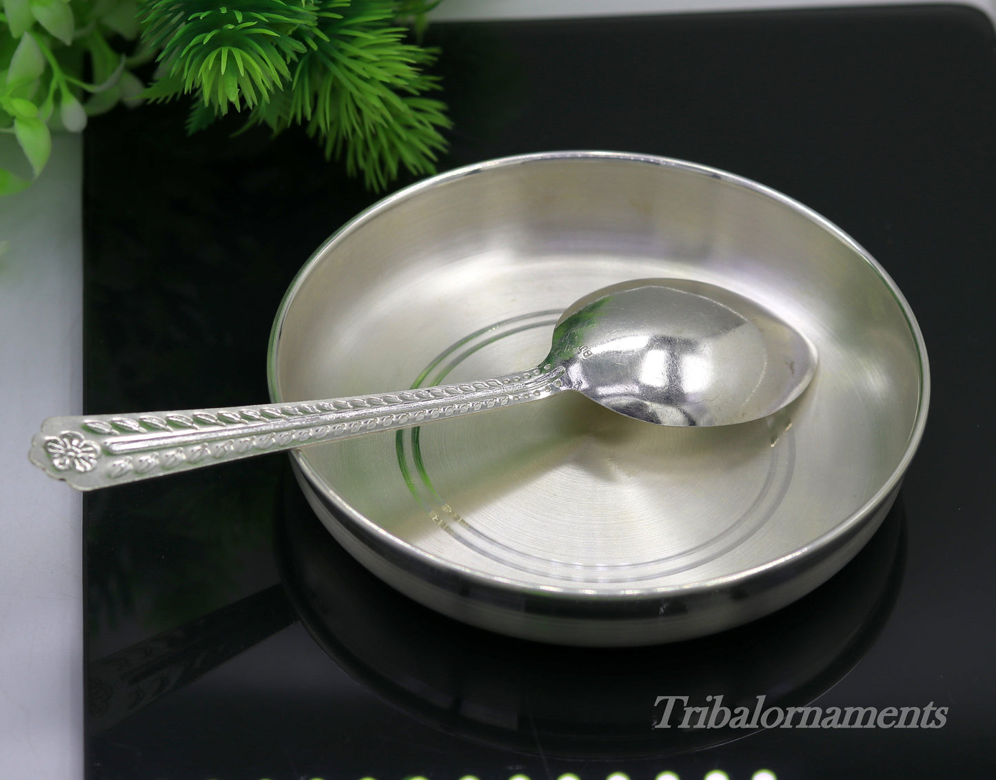Handmade 999 fine solid silver plate tray for baby food, pure silver vessels, silver utensils, home and kitchen accessories sv26 - TRIBAL ORNAMENTS