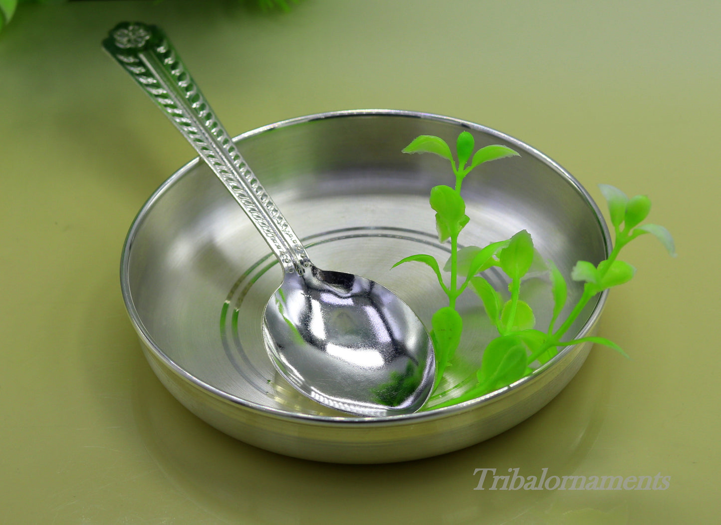 Handmade 999 fine solid silver plate tray for baby food, pure silver vessels, silver utensils, home and kitchen accessories sv26 - TRIBAL ORNAMENTS