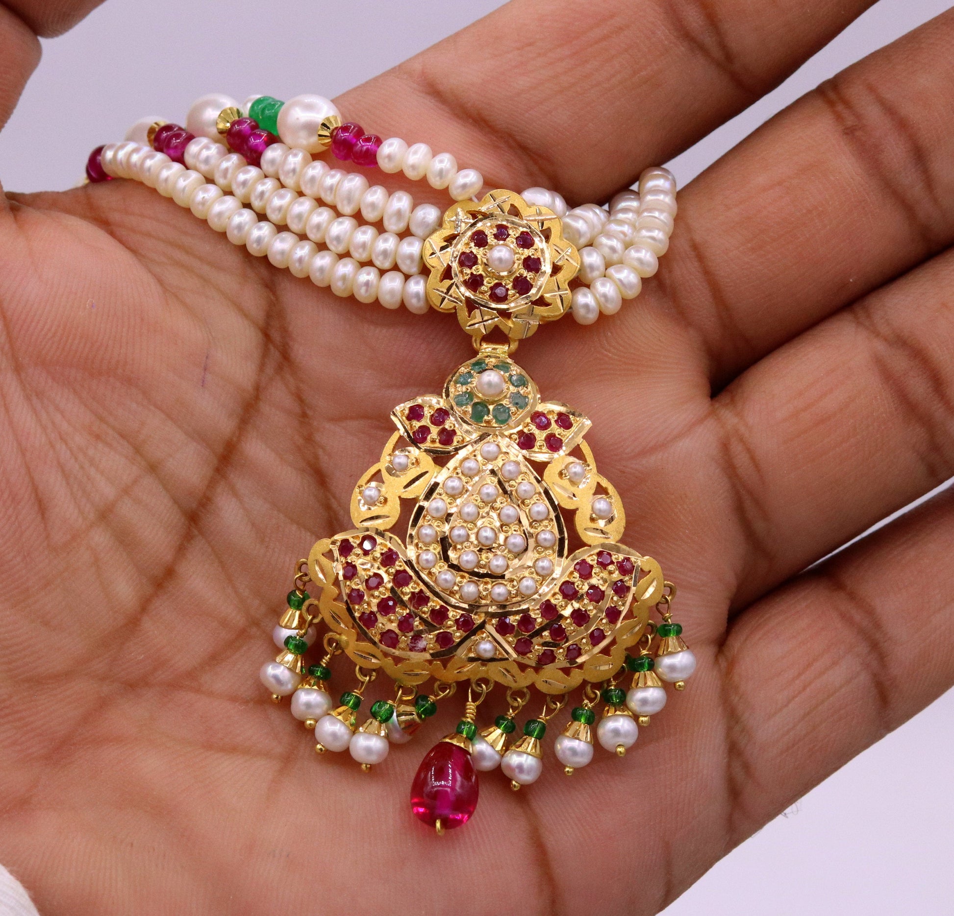 Handmade certified 22kt yellow gold Punjabi muslim rajputi style excellent belly dance wedding party wear with hanging color beads jewelry - TRIBAL ORNAMENTS