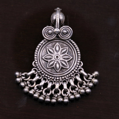 Handmade design 925 sterling silver excellent flower design vintage antique tribal pendant with hanging bells gifting jewelry nsp254 - TRIBAL ORNAMENTS
