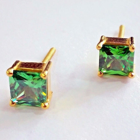 Handmade fabulous green square cubic zircon stone 22karat yellow gold stud earring pair for boys/girls - TRIBAL ORNAMENTS