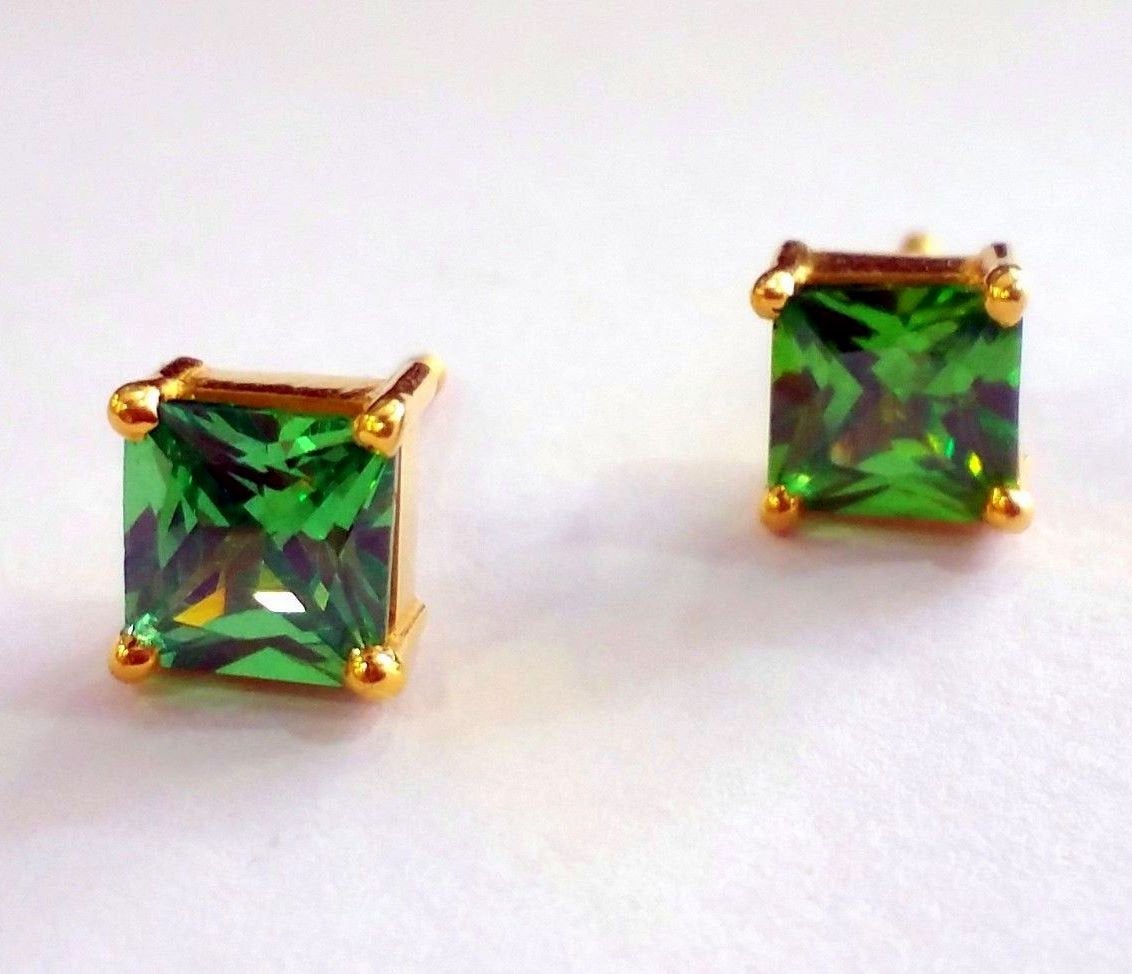 Handmade fabulous green square cubic zircon stone 22karat yellow gold stud earring pair for boys/girls - TRIBAL ORNAMENTS