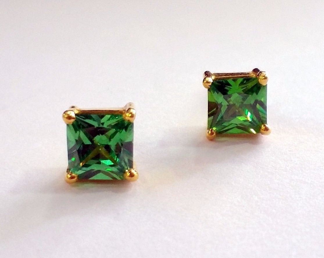 Handmade fabulous green square cubic zircon stone 22karat yellow gold stud earring pair for boys/girls - TRIBAL ORNAMENTS