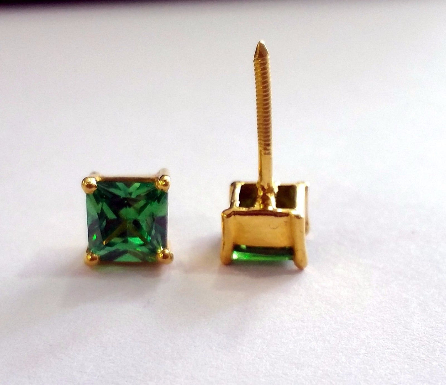 Handmade fabulous green square cubic zircon stone 22karat yellow gold stud earring pair for boys/girls - TRIBAL ORNAMENTS