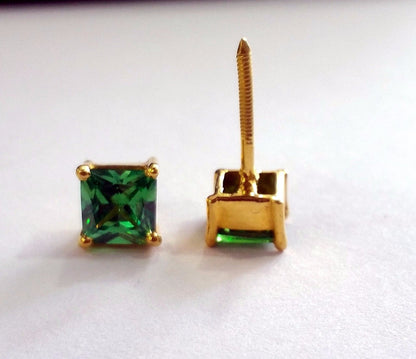 Handmade fabulous green square cubic zircon stone 22karat yellow gold stud earring pair for boys/girls - TRIBAL ORNAMENTS