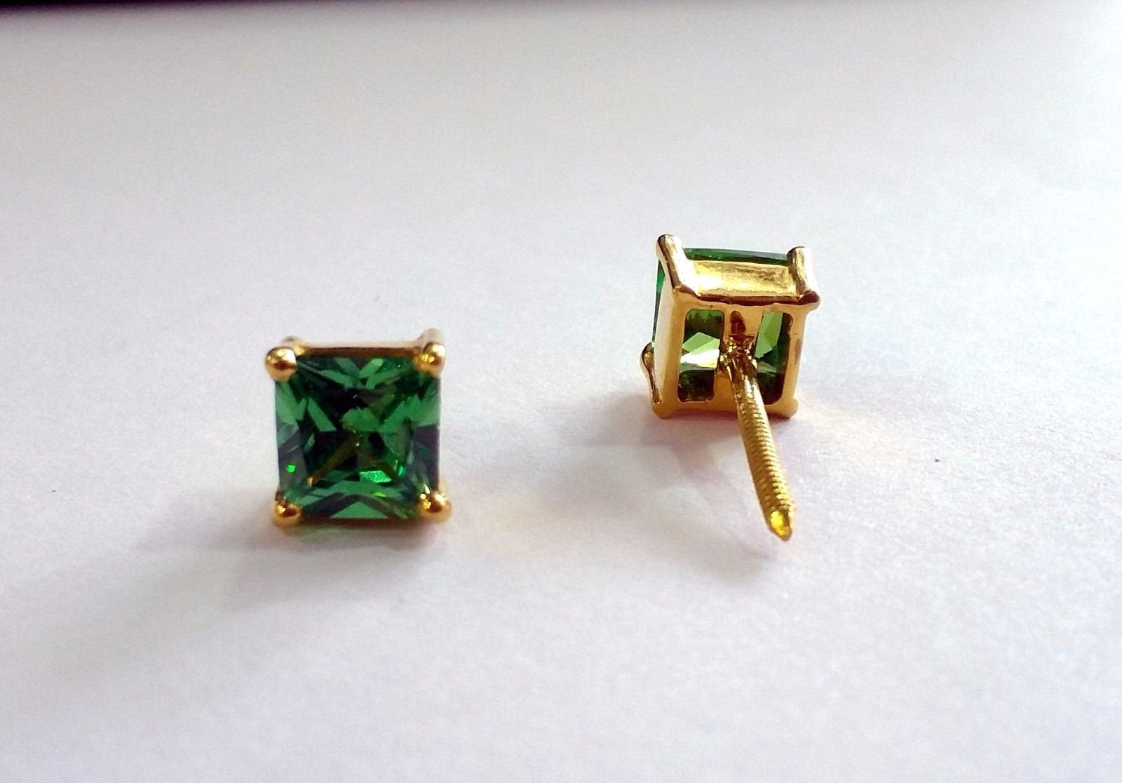 Handmade fabulous green square cubic zircon stone 22karat yellow gold stud earring pair for boys/girls - TRIBAL ORNAMENTS