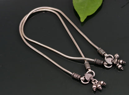 Handmade sterling silver snake chain ankle bracelet by TRIBAL ORNAMENTS, silver foot jewelry perfect for belly dance or gifting.