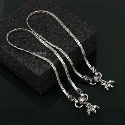 Sterling silver ankle bracelet with intricate chain design, handmade belly dance jewelry by TRIBAL ORNAMENTS.