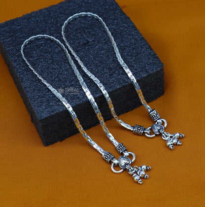 Sterling silver ankle bracelet with delicate chain design, handmade tribal foot jewelry ideal for belly dance or stylish accessories.