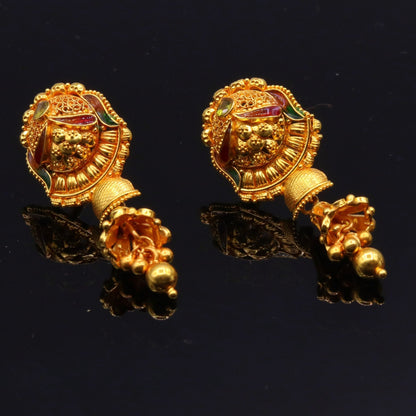 Handmade 22K yellow gold tribal stud earrings with chandelier antique design, featuring intricate filigree work from Rajasthan, India.