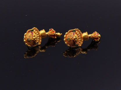 Handmade 22K yellow gold tribal chandelier stud earrings with intricate filigree work and antique Rajasthan-inspired design.