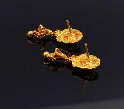 Handmade 22K yellow gold filigree stud earrings with chandelier and antique tribal design from Rajasthan, India.