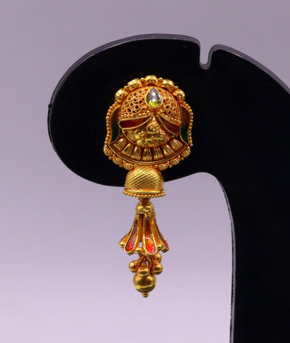 Handmade 22K yellow gold tribal chandelier stud earrings with intricate filigree work and antique design from Rajasthan, India.