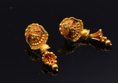 Handmade 22K yellow gold filigree stud earrings with chandelier antique tribal design from Rajasthan, India.