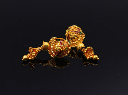 Handmade 22K yellow gold tribal stud earrings with chandelier antique filigree design from Rajasthan, India.
