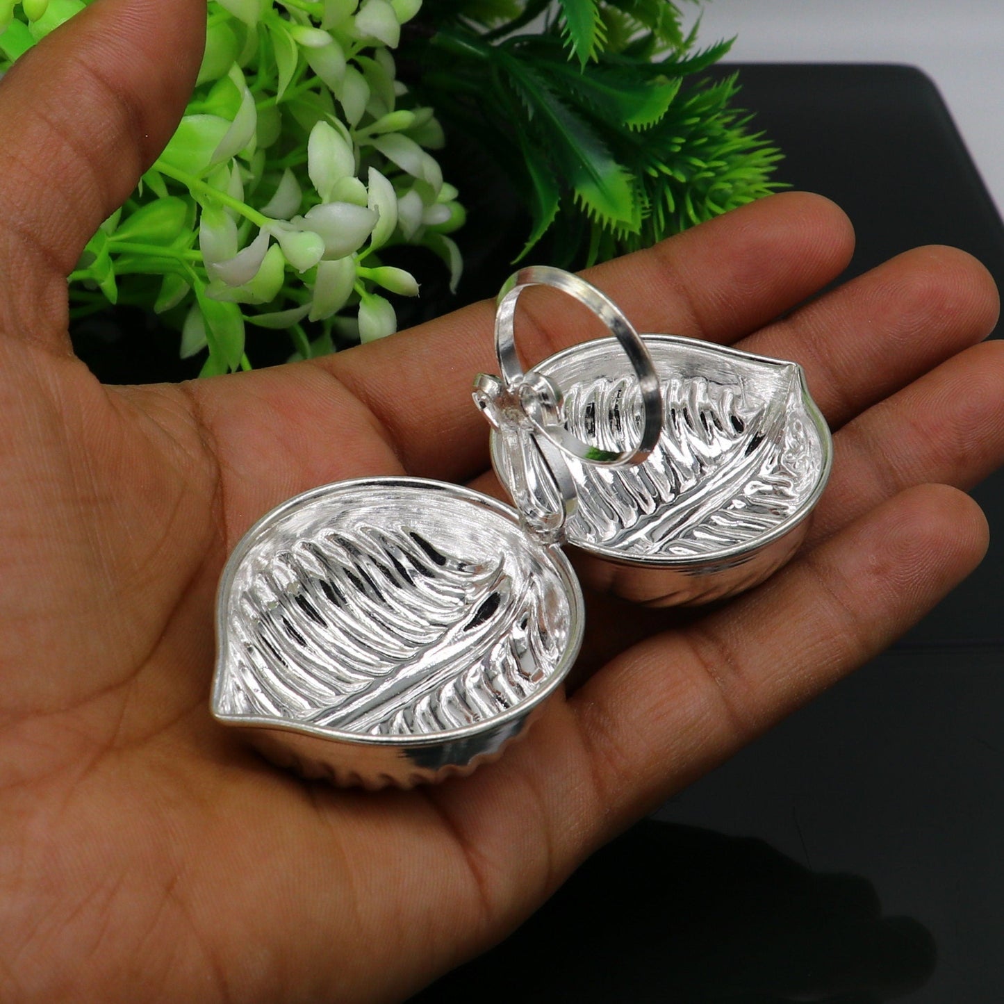 Sterling silver leaf design tilak combo mini bowl and puja utensils from TRIBAL ORNAMENTS for religious rituals and temple use.