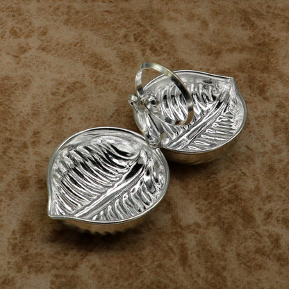 Sterling silver leaf design tilak combo mini bowl and puja utensils, handcrafted by Tribal Ornaments for temple rituals.