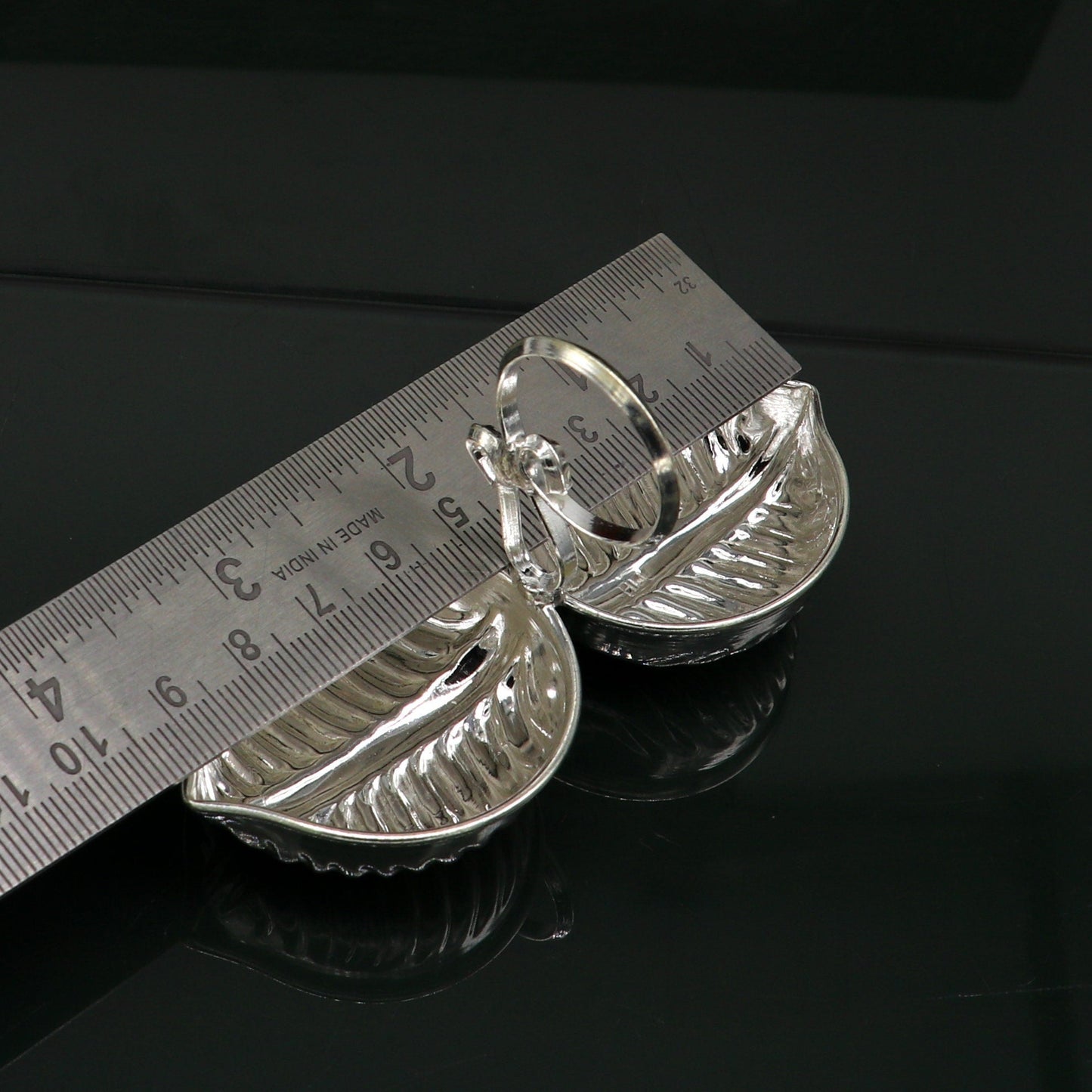 Sterling silver leaf design tilak combo mini bowl and puja utensils for temple rituals, handcrafted by TRIBAL ORNAMENTS.
