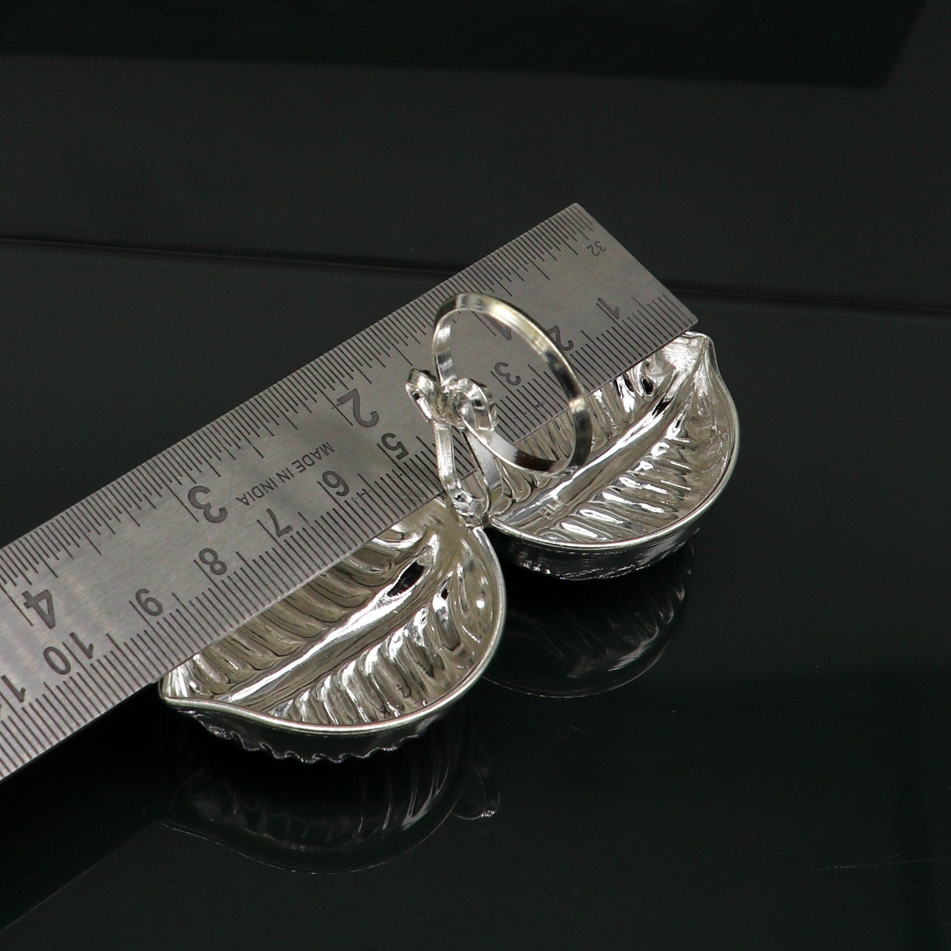 Sterling silver leaf design tilak combo mini bowl and puja utensils for temple rituals, handcrafted by TRIBAL ORNAMENTS.