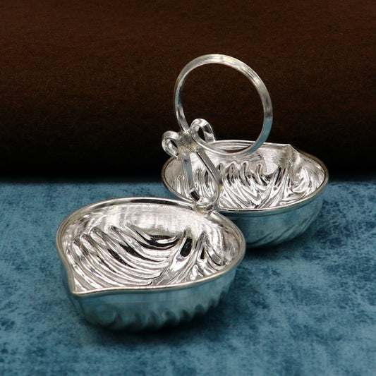 Sterling silver leaf design tilak combo mini bowl and puja utensils set for religious offerings and temple use.