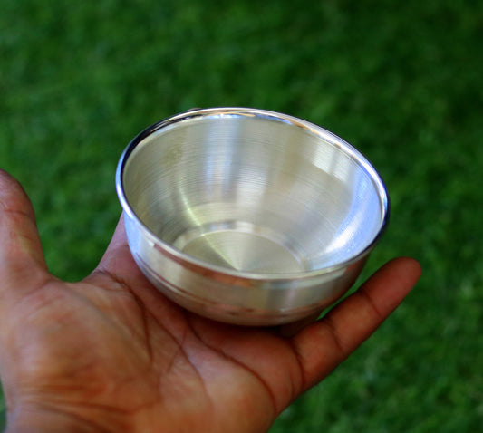 Handmade pure 999 silver bowl from India, high-quality silver kitchen utensil with a plain finish, by TRIBAL ORNAMENTS.