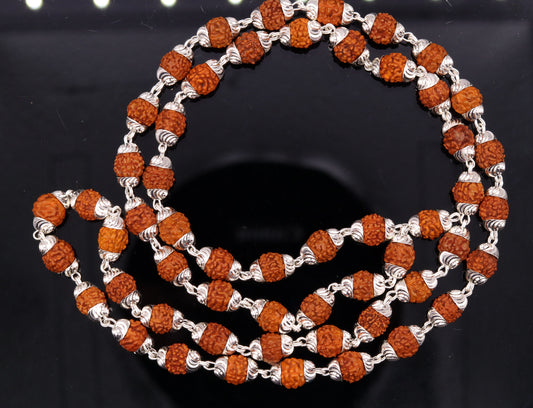 Handmade silver caps natural rudraksha bead chain necklace fabulous unisex silver jewelry awesome design - TRIBAL ORNAMENTS