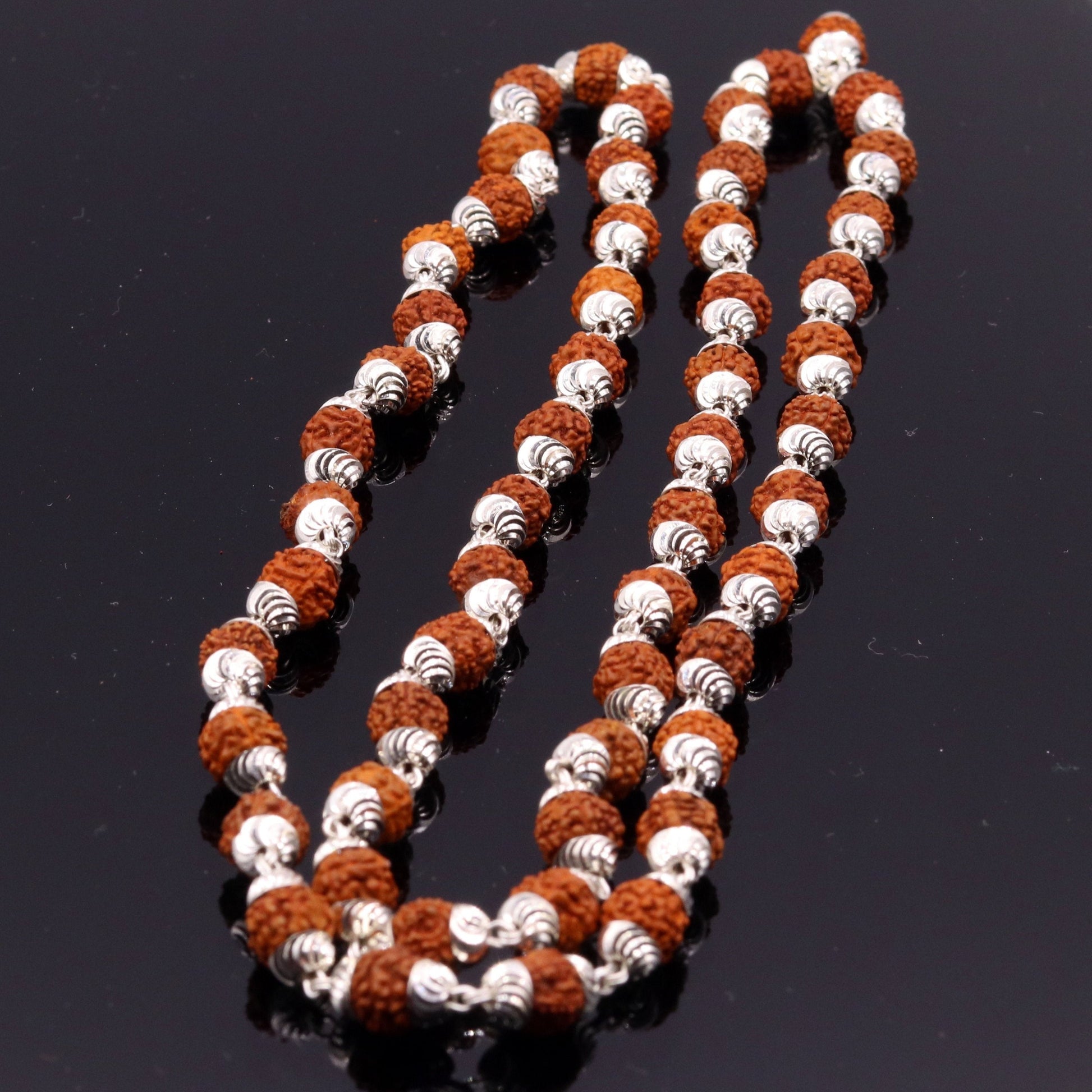 Handmade silver caps natural rudraksha bead chain necklace fabulous unisex silver jewelry awesome design - TRIBAL ORNAMENTS