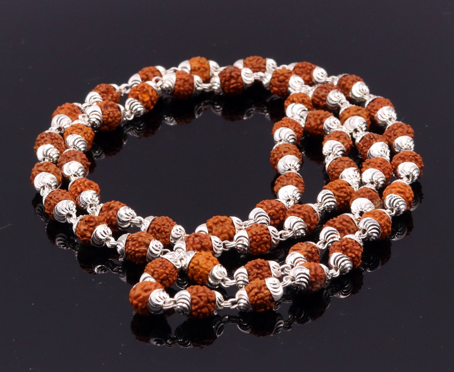 Handmade silver caps natural rudraksha bead chain necklace fabulous unisex silver jewelry awesome design - TRIBAL ORNAMENTS