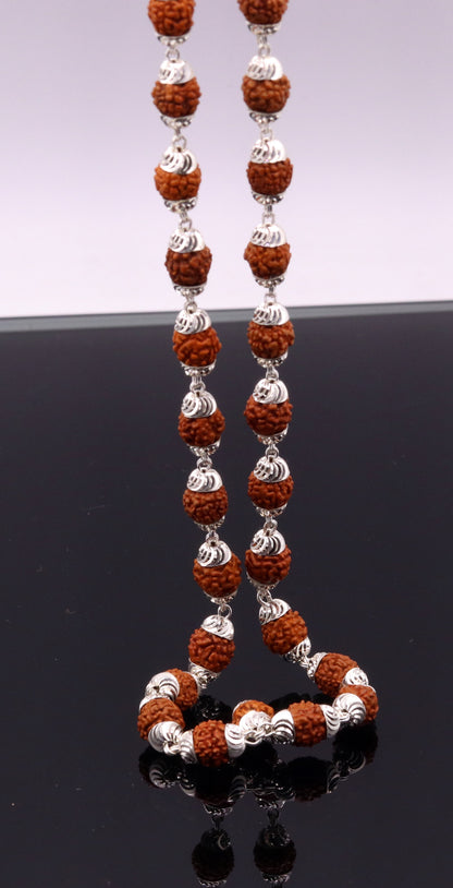 Handmade silver caps with natural rudraksha beads chain necklace, unisex tribal jewelry with an elegant design by TRIBAL ORNAMENTS