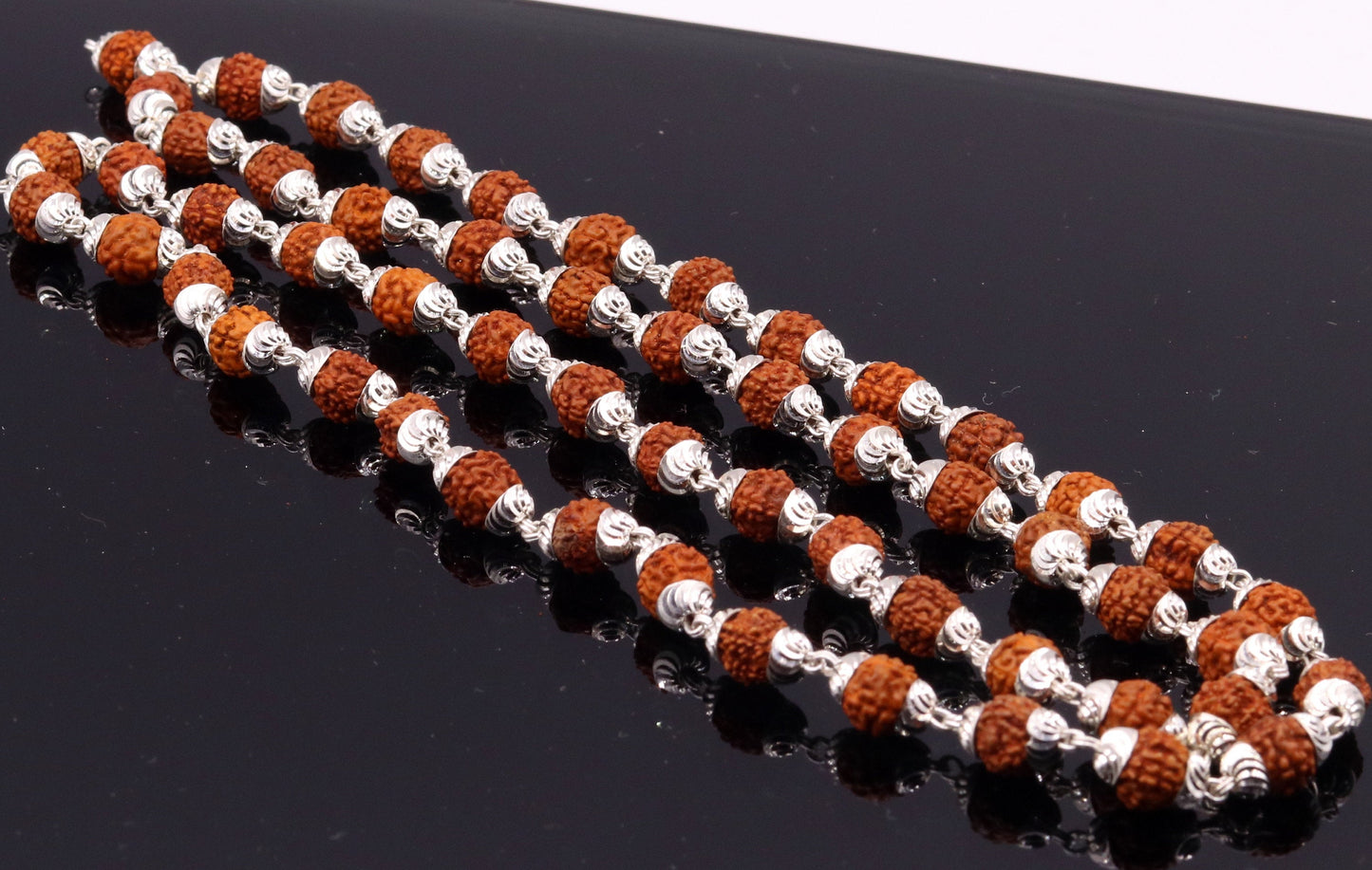 Handmade silver caps natural rudraksha bead chain necklace fabulous unisex silver jewelry awesome design - TRIBAL ORNAMENTS